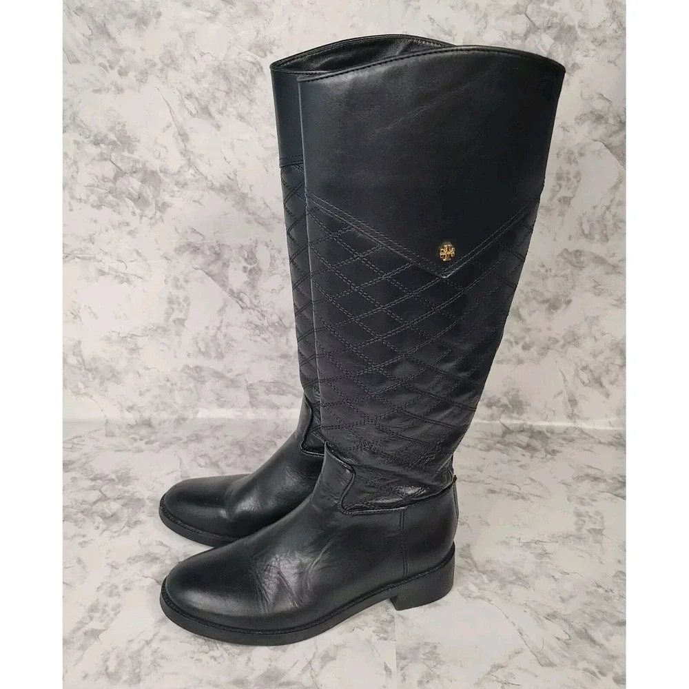 Tory Burch Black Quilted Leather Riding Boots Rear Zip Gold Logo 6.5M